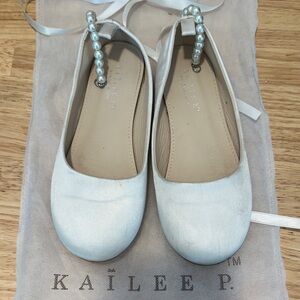 Kailee P. Girls White Pearl Ballet Flats with Ankle Tie